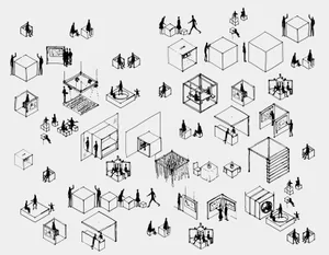 An exhibit hall with various interactive booths, chairs, and tables, showcasing different materials and designs.