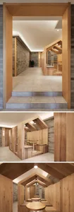 Modern cafe lobby with wood seating, concrete floor, and brick walls