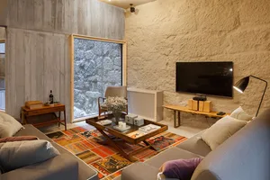 A modern industrial living room with exposed concrete walls, wooden furniture, and a colorful rug.