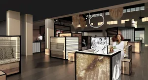 A modern retail storefront featuring a display of various materials and textures.