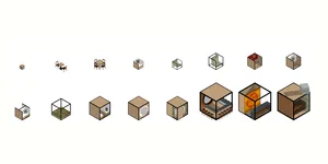 Multiple cubes with wooden interiors, each containing chairs and tables.