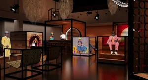 Modern retail space featuring wood and digital art, including hanging artworks and digital screens.