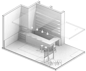 Modern restaurant with white concrete counter and white shelves