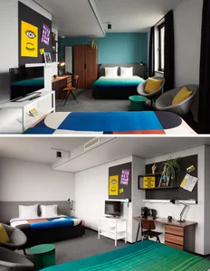The image depicts a modern minimalist hotel room featuring a bed with a colorful striped bedspread, a desk, a chair, and a te