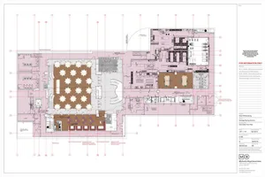 A detailed architectural drawing of a modern restaurant with ceramic tiles, featuring tables, chairs, and a kitchen layout.