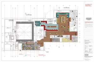 Illustration of a modern commercial hotel floor plan featuring various functional zones.