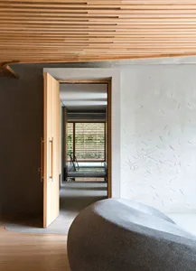 Modern entrance with concrete wall and wooden slat ceiling
