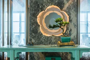 A modern living room featuring marble decor and a bonsai tree.