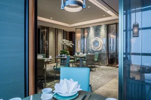 Modern restaurant with glass and metal interior design