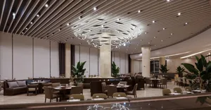 Modern, minimalist restaurant interior with contemporary design elements, featuring clean lines, high ceilings, and sleek fur