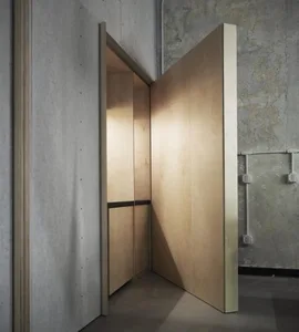 A minimalist entrance made of wood in an alternative architectural view.