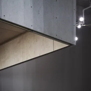 Modern interior design with wooden panels and concrete walls.