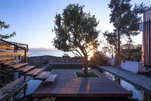 Outdoor scene featuring a wooden deck with a small tree in the center, surrounded by trees, a pool, and water in the backgrou