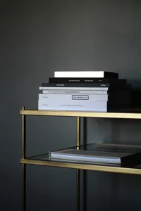 A minimalist bookshelf with black books