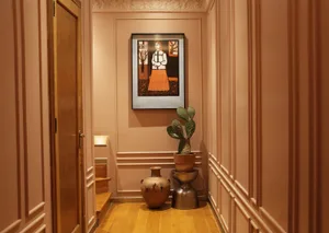 Modern hallway with a coral-colored wall, decorative wall frame, framed artwork depicting a person in a polka-dotted dress, a