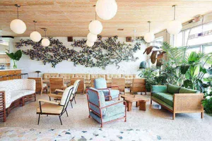 Modern interior design featuring wooden furniture, concrete walls, potted plants, and a terrazzo floor.