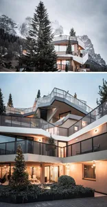 A modern residential building with balconies overlooking a mountainous landscape.