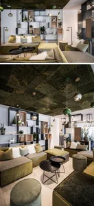 A modern industrial living room with a mix of mixed flooring materials.