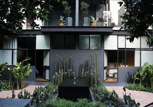 Modern urban courtyard with concrete floors, cacti, and a small water feature.