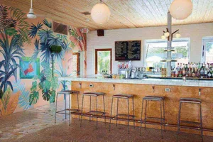 A vibrant tropical-themed bar counter with a variety of drinks and stools.