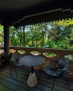 A minimalist outdoor space featuring wood furniture and greenery in the background.