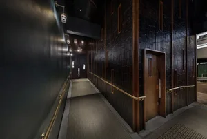 A modern interior corridor with metallic walls and brass handrails.