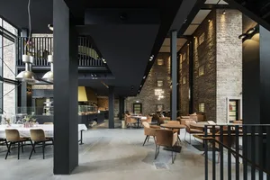 工業風餐廳室內，裸露磚牆、混凝土地板及金屬欄杆