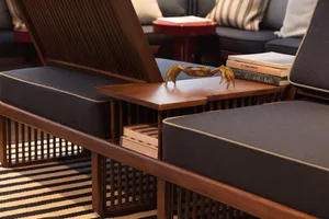 A close-up of a mid-century modern sofa with wooden legs and a wooden side table with a gold crab figurine on it.