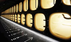 Modern, minimalist hotel rooms featuring illuminated glass pods