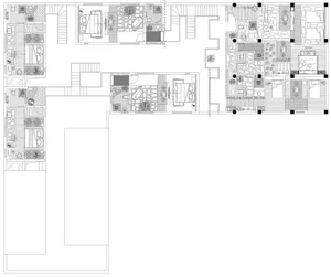 A detailed architectural plan of a residential interior space, showcasing the layout of rooms and their connections.