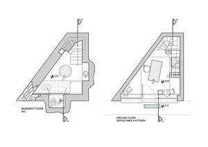 Modern kitchen floor plan featuring basement and ground floor layouts with office area and kitchen