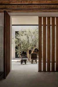 Modern interior featuring rustic wood elements and minimalist concrete design