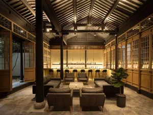Urban bar lounge with concrete and wooden elements