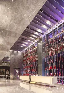 Modern retail store with glass walls and marble interior design