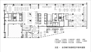 Floor plan of a restaurant and bar interior showing seating arrangements, electrical layouts, and furniture placement.