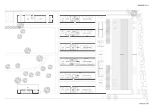 Floor plan layout of a seaside villa's first floor with labeled rooms and areas.