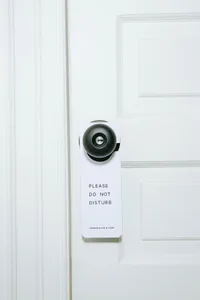 A black and white 'Please Do Not Disturb' sign attached to a white door.
