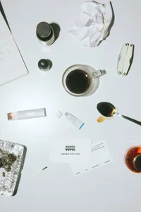 Modern coffee shop setting with transparent glass cups and coffee-related items.