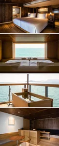 Modern bedroom with a sea view, minimalist design, and wood elements