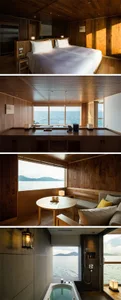 A well-lit wooden sea-view chamber featuring a bed, table, and seating area with an ocean view.