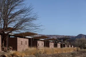Modern residential exterior with clay tiles, featuring lush vegetation and a tree.