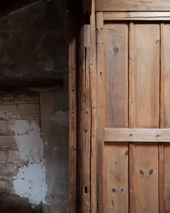 Closed wooden door with patina on a textured, aged wall, showcasing the aged, rustic charm of an interior setting.