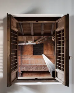 View of a traditional Japanese teahouse interior with wooden walls and ceiling beams.
