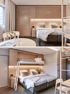 Modern bedroom featuring a unique floating bunk bed design, with a combination of grey beds, minimalistic wooden furniture, a