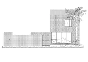 A detailed architectural plan of a two-story brick house with a palm tree nearby.