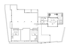 A detailed technical architectural floor plan depicting a residential or commercial interior space with defined rooms and fun