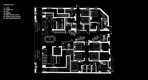 Floor plan of a commercial building showing various rooms such as lobby, reception, cafe, barber, and different types of host