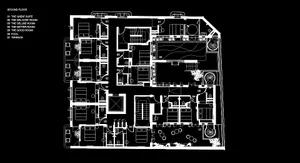Floor plan of a hotel suite layout on the second floor.