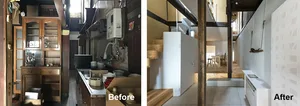 A comparison of a kitchen before and after renovations, showcasing updated appliances and improved lighting.