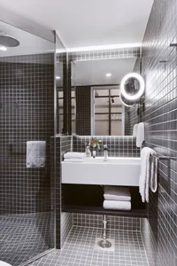 A minimalist black-tile bathroom features a walk-in shower and a white vanity.